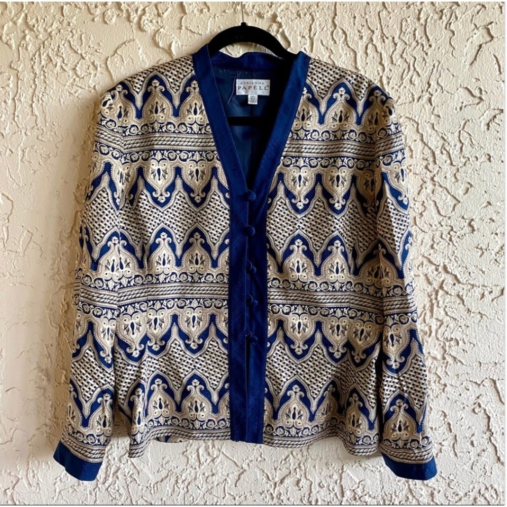 ADRIANNA PAPELL Silk Brocade Jacket Women Navy Gold Paisley Metallic 10
